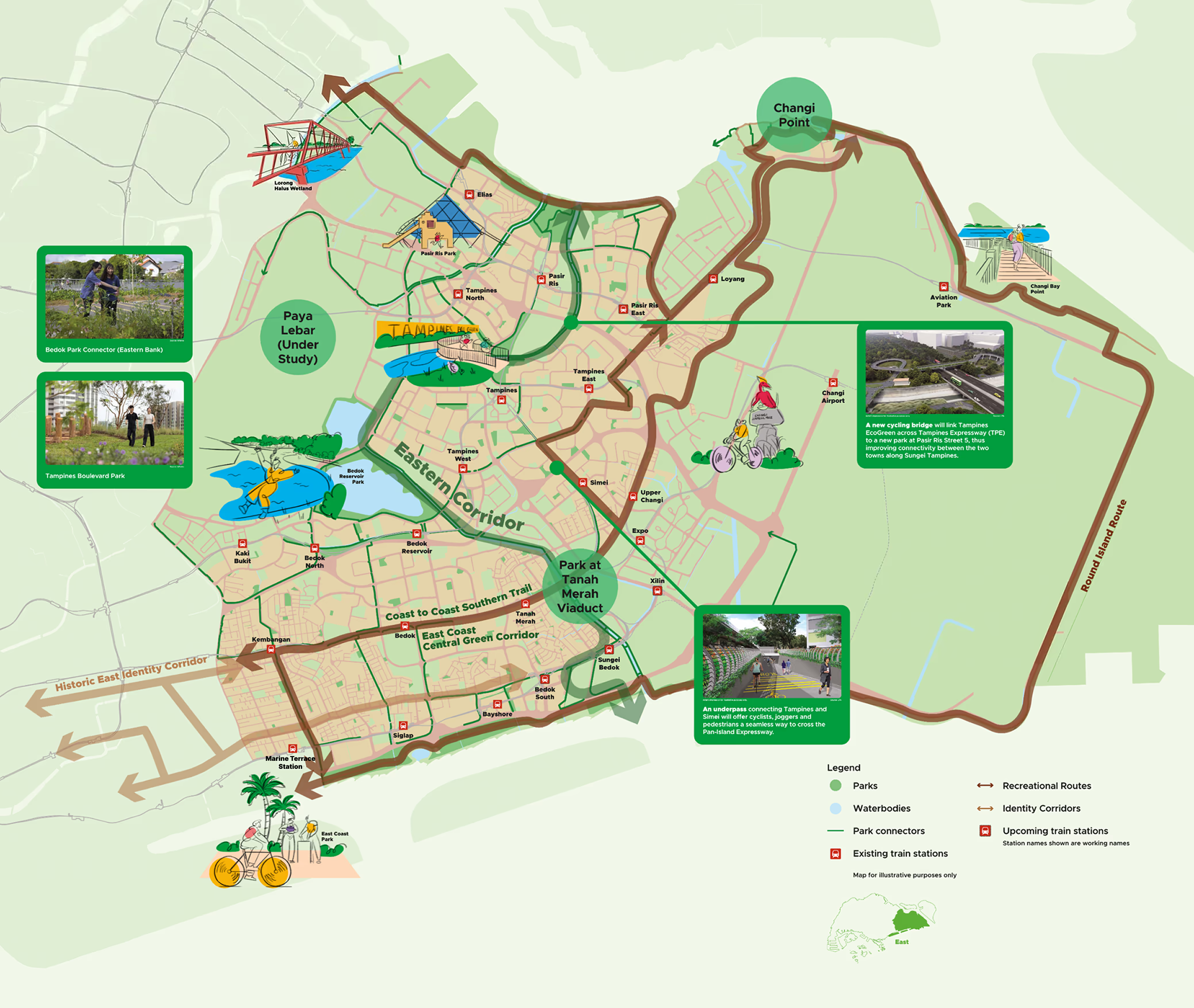 Map of eastern Singapore showing recreational routes, parks, park connectors, and train stations. Includes photos of park features.